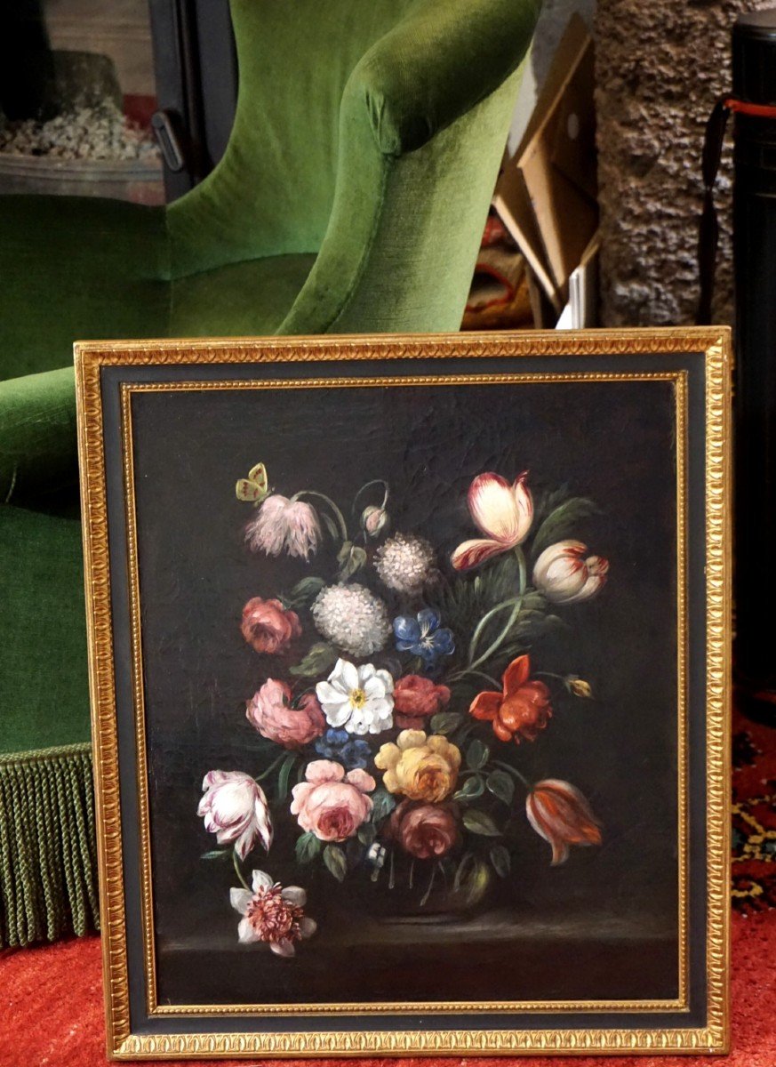 XIX ème siècle / BOUQUET DE FLEURS SUR ENTABLEMENT / huile sur toile-photo-4