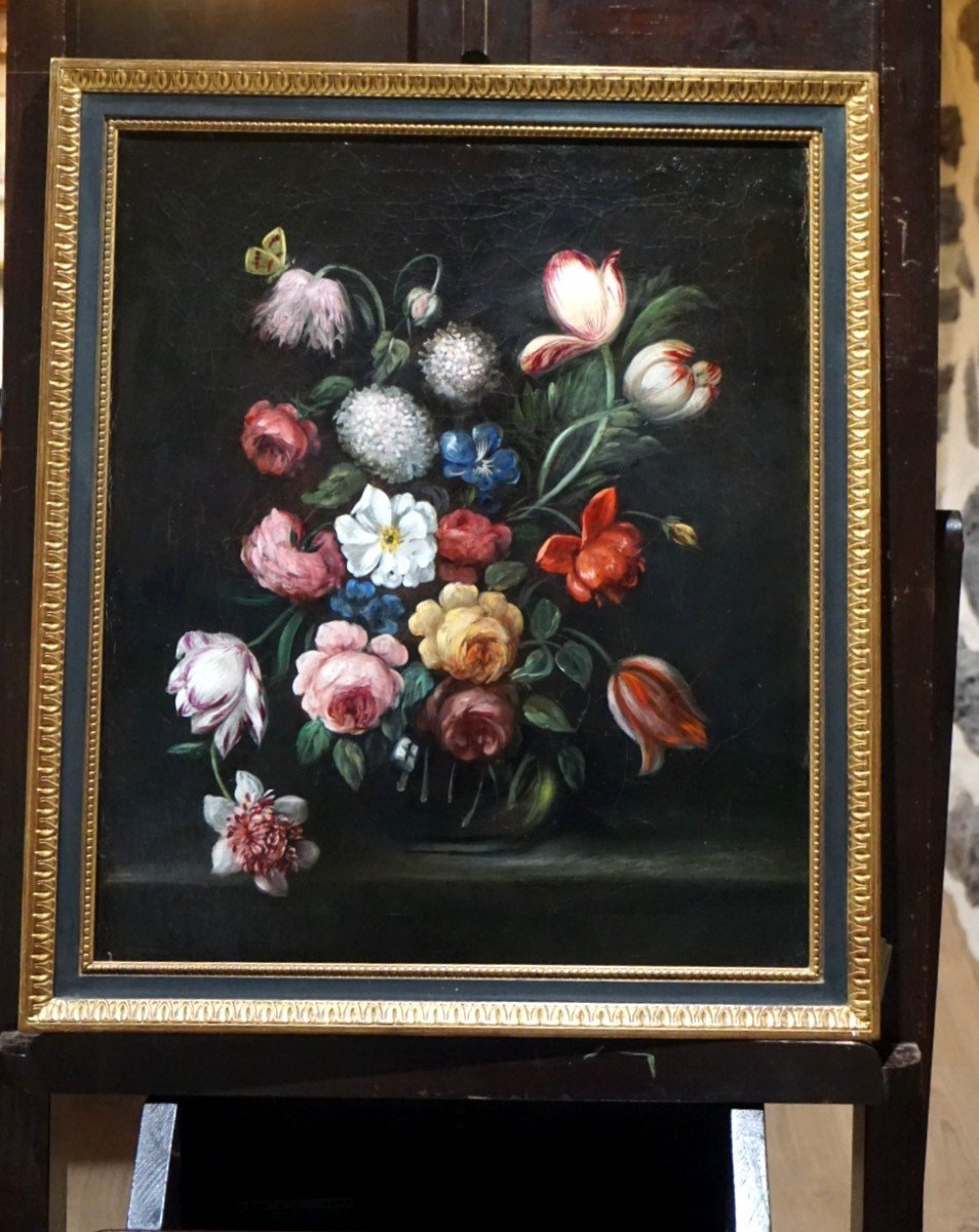 XIX ème siècle / BOUQUET DE FLEURS SUR ENTABLEMENT / huile sur toile-photo-8