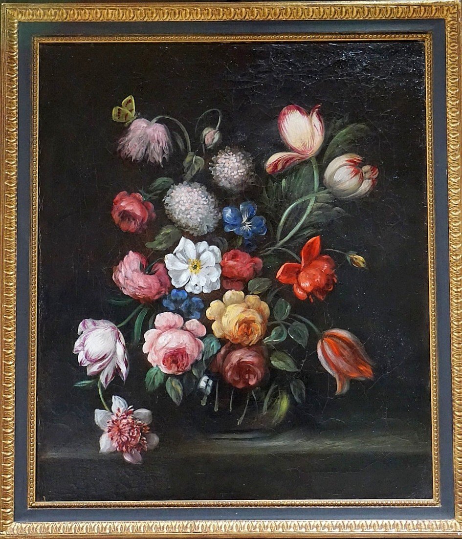 XIX ème siècle / BOUQUET DE FLEURS SUR ENTABLEMENT / huile sur toile