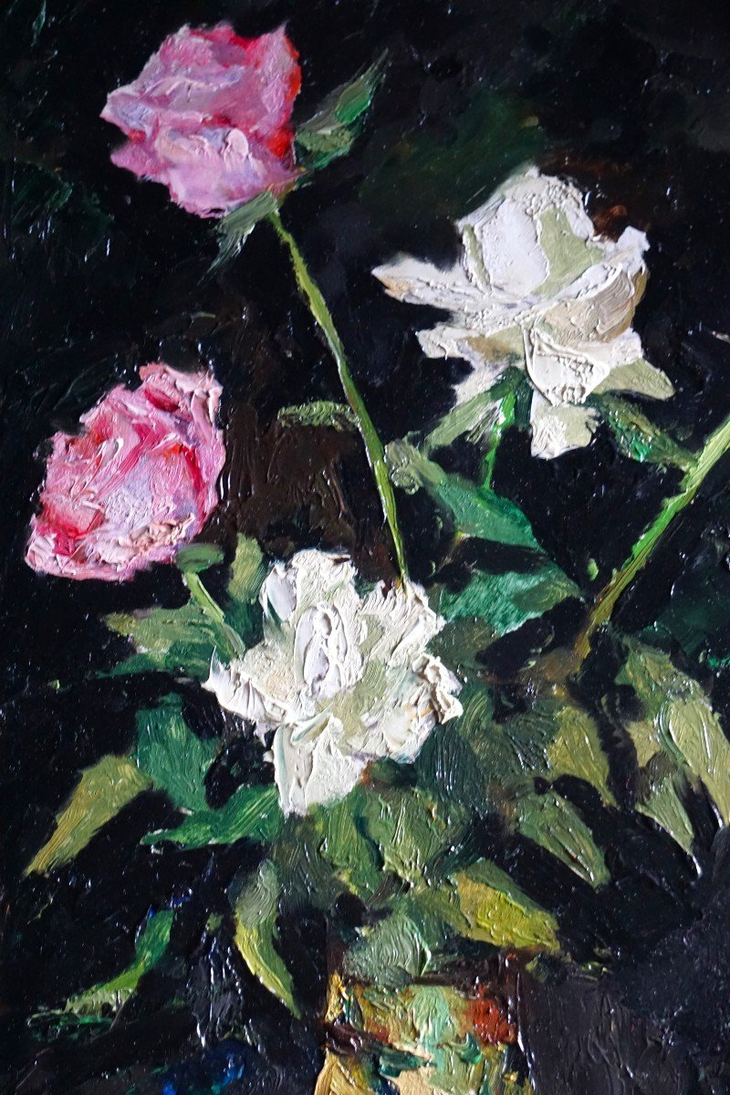 IGOR TALWINSKI  (1907-1983) / NATURE MORTE AUX ROSES / huile sur isorel-photo-3