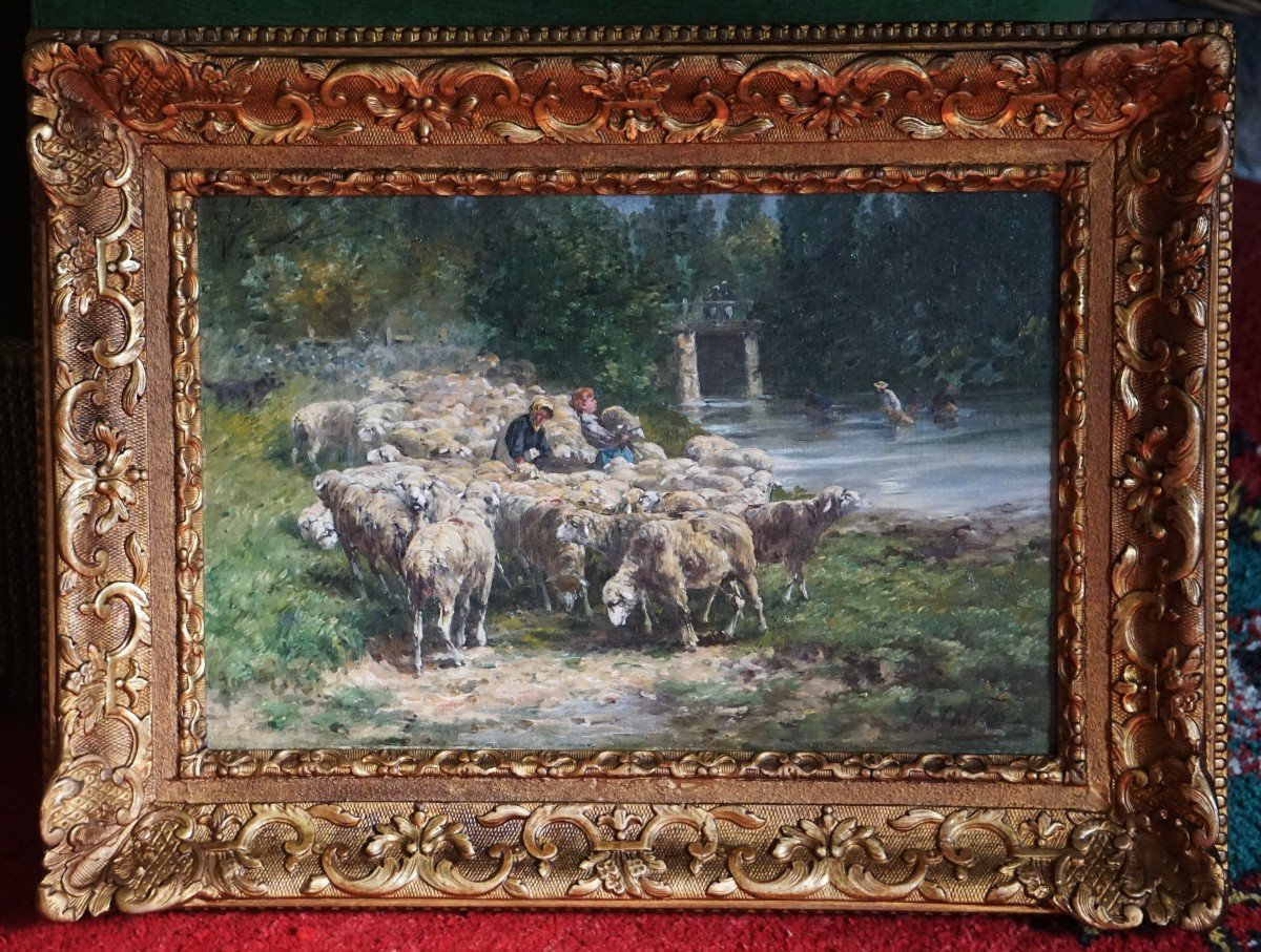 Léon Georges Calves (1848-1923) / Shepherds With Flock / Oil On Canvas-photo-4