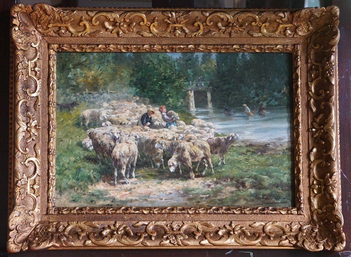 Léon Georges Calves (1848-1923) / Shepherds With Flock / Oil On Canvas-photo-7