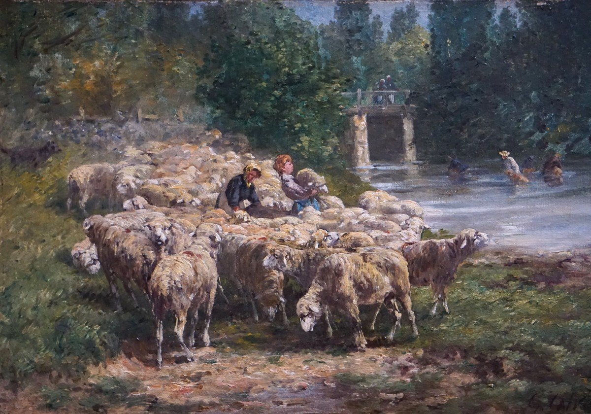 Léon Georges Calves (1848-1923) / Shepherds With Flock / Oil On Canvas