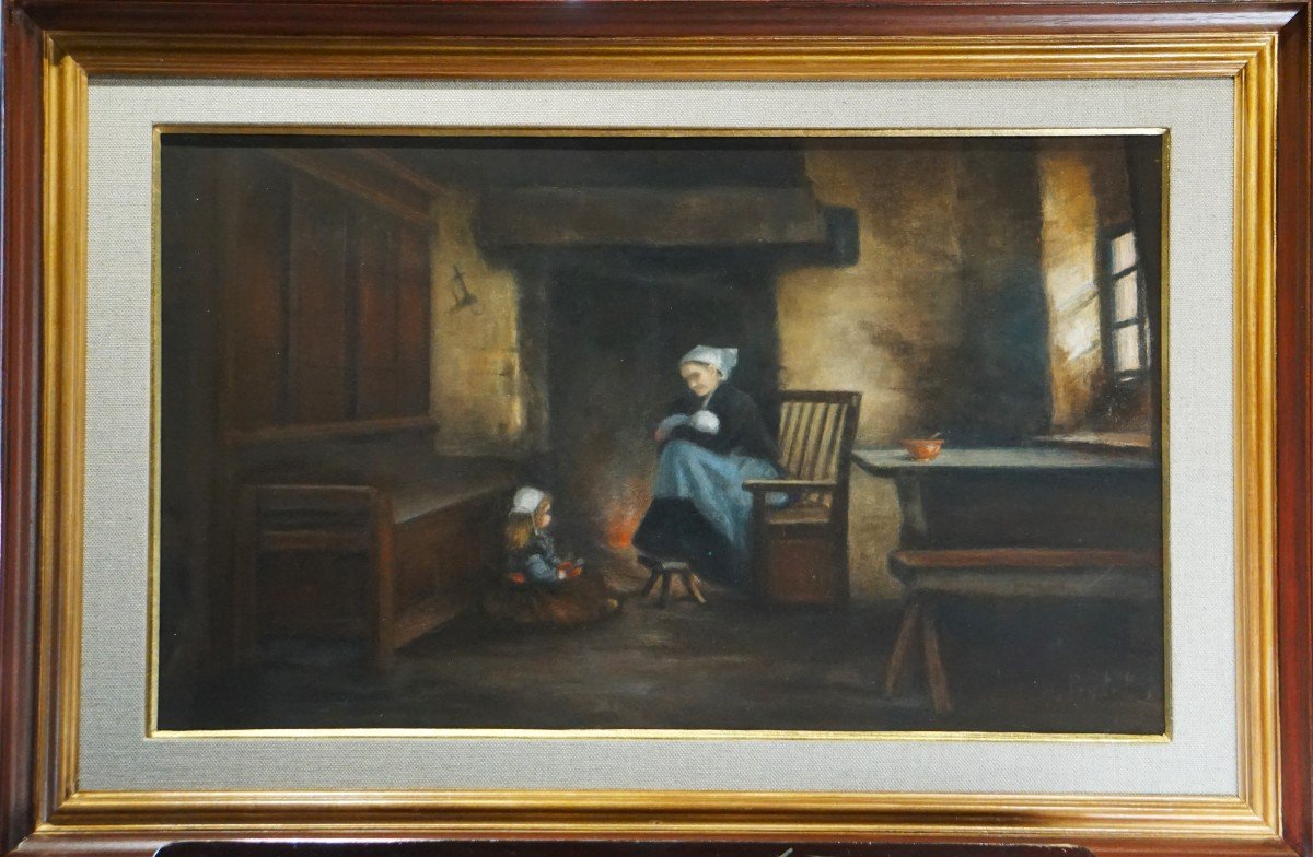 ÉCOLE DE PONT-AVEN / XIX ème SIÈCLE / INTÉRIEUR BRETON / BRETAGNE / pastel