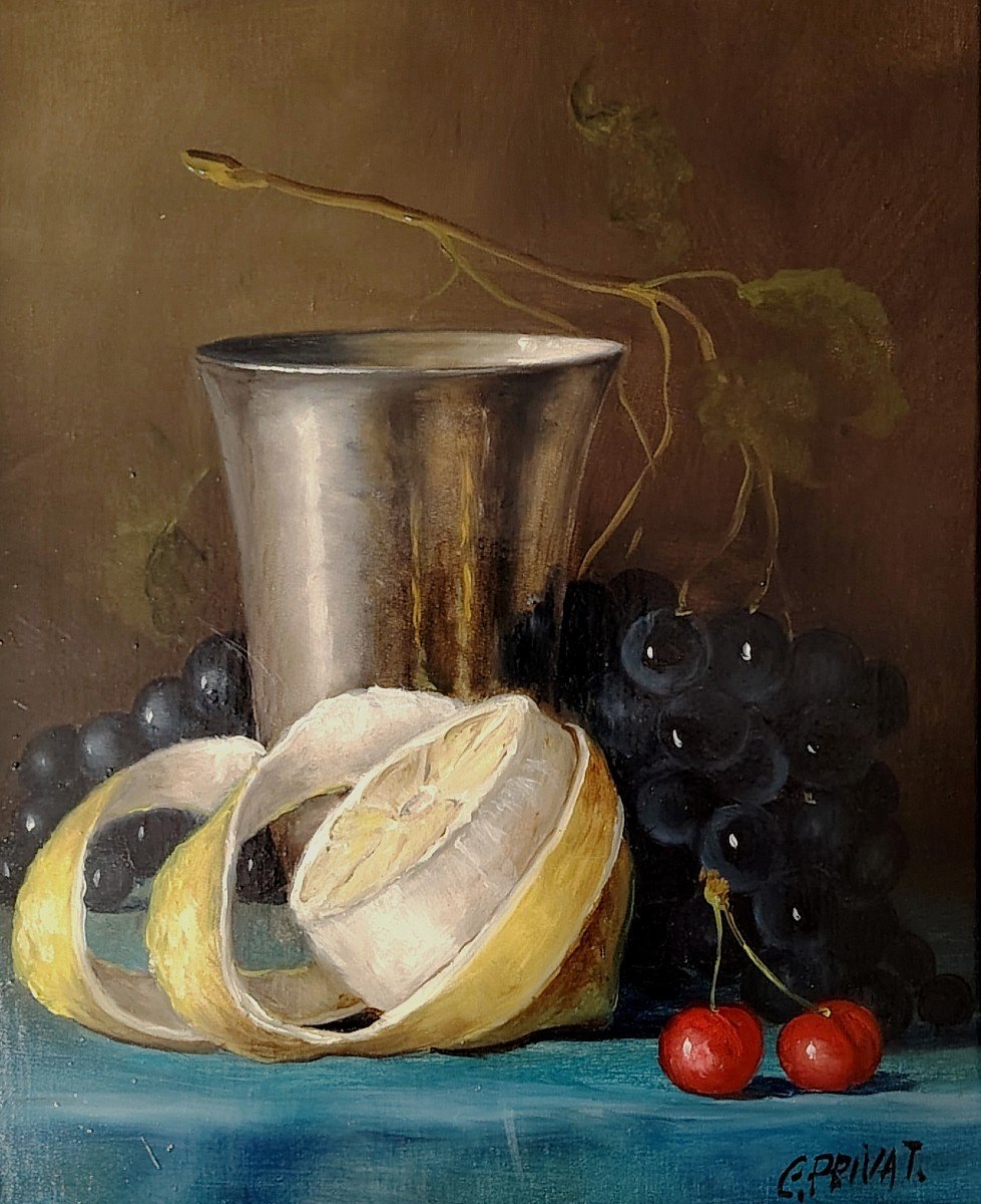 COLETTE PRIVAT (1935) / NATURE MORTE À LA TIMBALE EN ARGENT / huile sur toile -photo-2