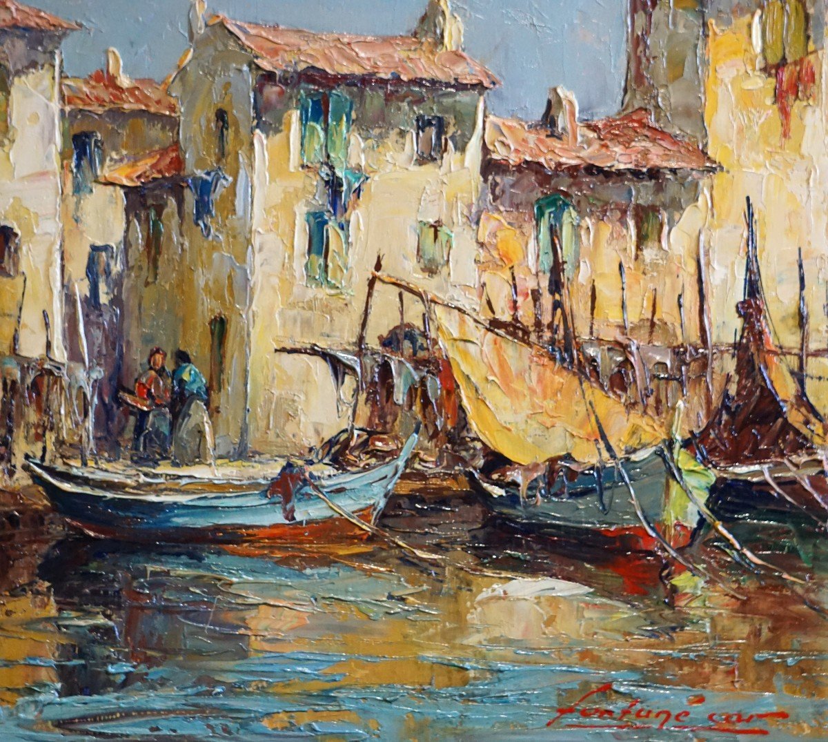 PÊCHEURS À MARTIGUES - PROVENCE - LOUIS FORTUNÉ CAR (1905-1970) - huile sur panneau-photo-3