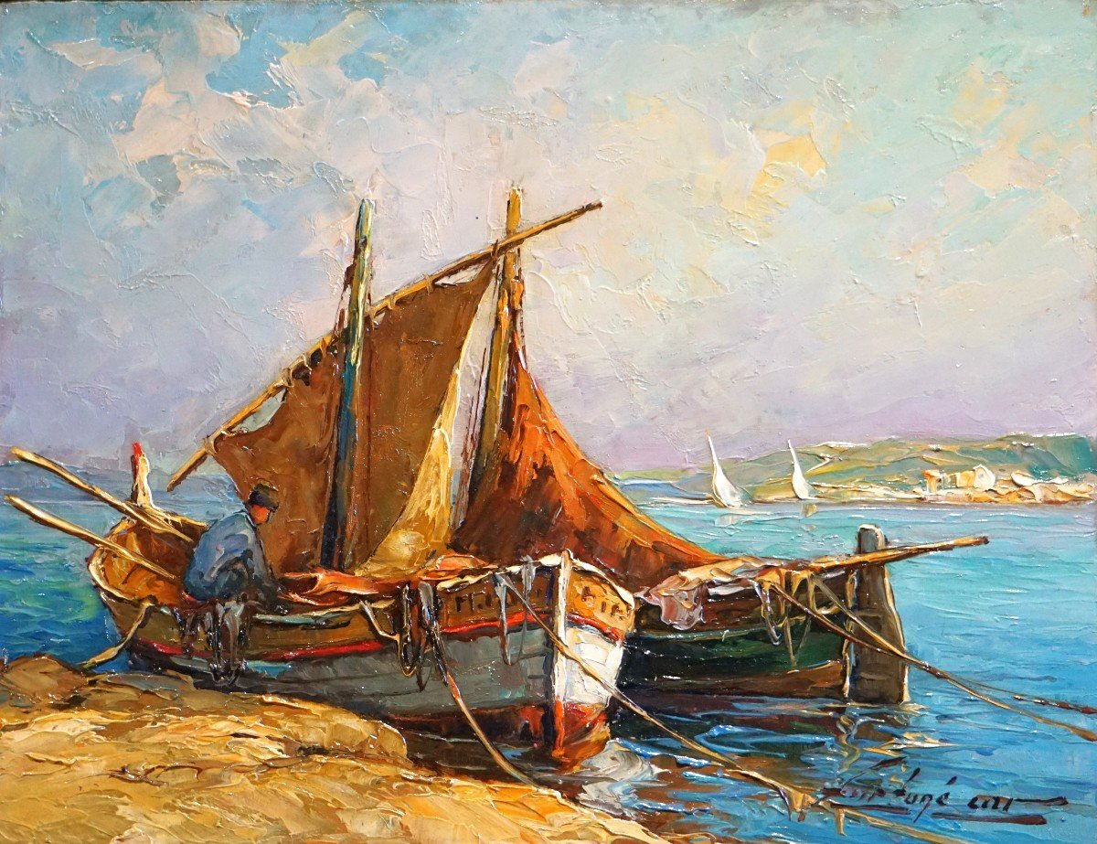 PÊCHEURS  AUX ENVIRONS DE MARTIGUES - PROVENCE / L.  FORTUNÉ CAR (1905-1970) - huile s/carton