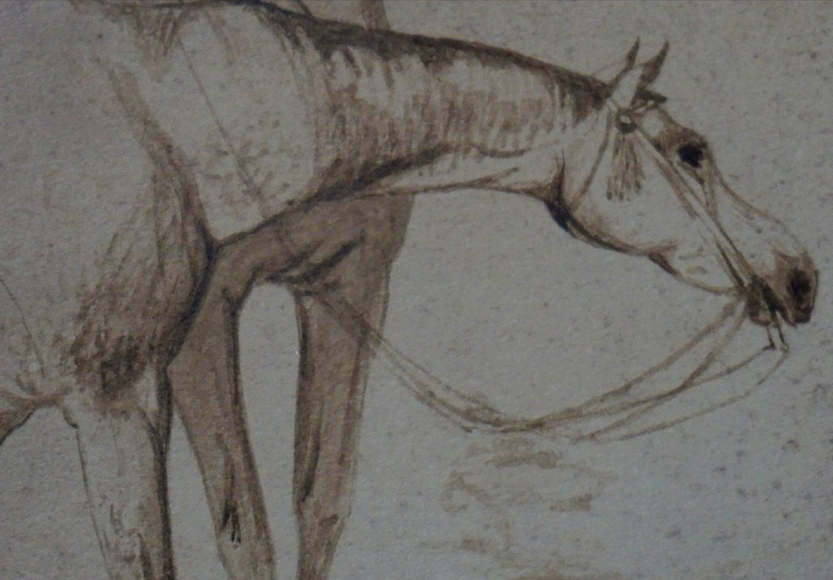 ÉLÉGANTS À CHEVAL / ÉCOLE FRANÇAISE VERS 1830 / dessin au lavis d' encre-photo-4