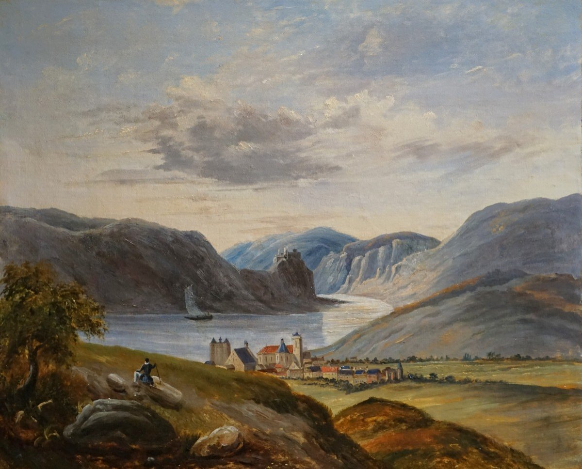 19th C. Swiss School / Village By The Lake / Oil On Canvas-photo-2