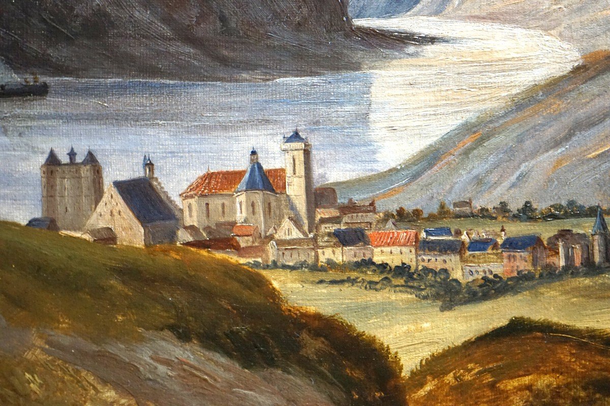 ÉCOLE SUISSE DU XIX ème siècle / VILLAGE AU BORD D'UN LAC / huile sur toile-photo-2