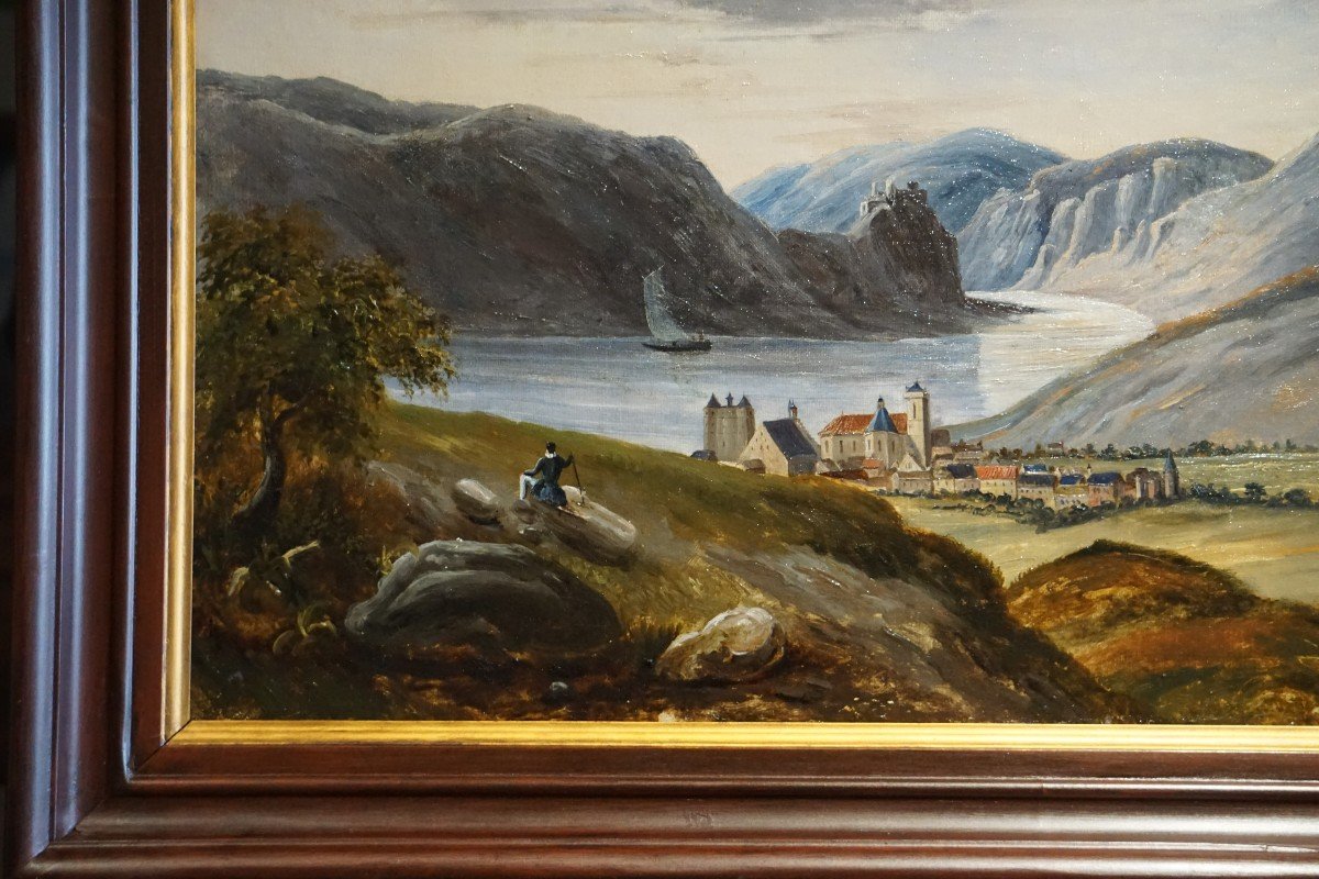 19th C. Swiss School / Village By The Lake / Oil On Canvas-photo-5