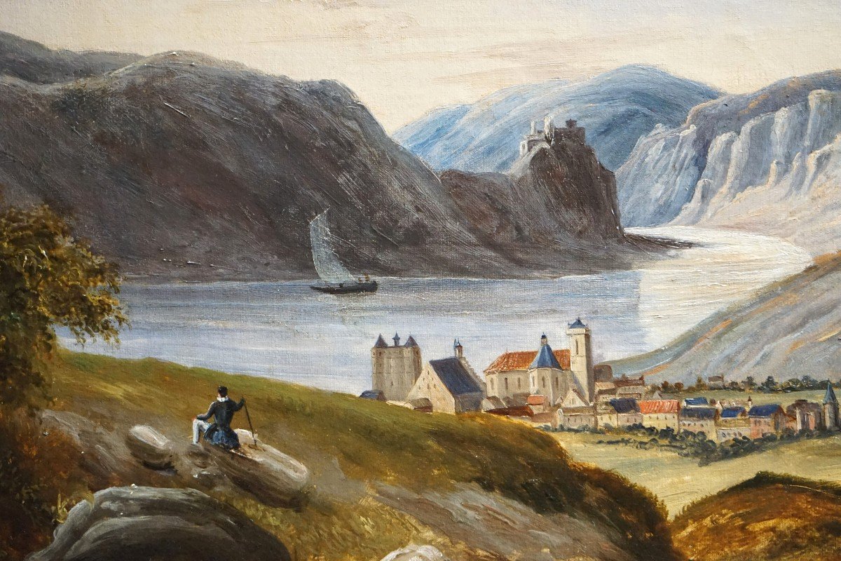 19th C. Swiss School / Village By The Lake / Oil On Canvas-photo-8
