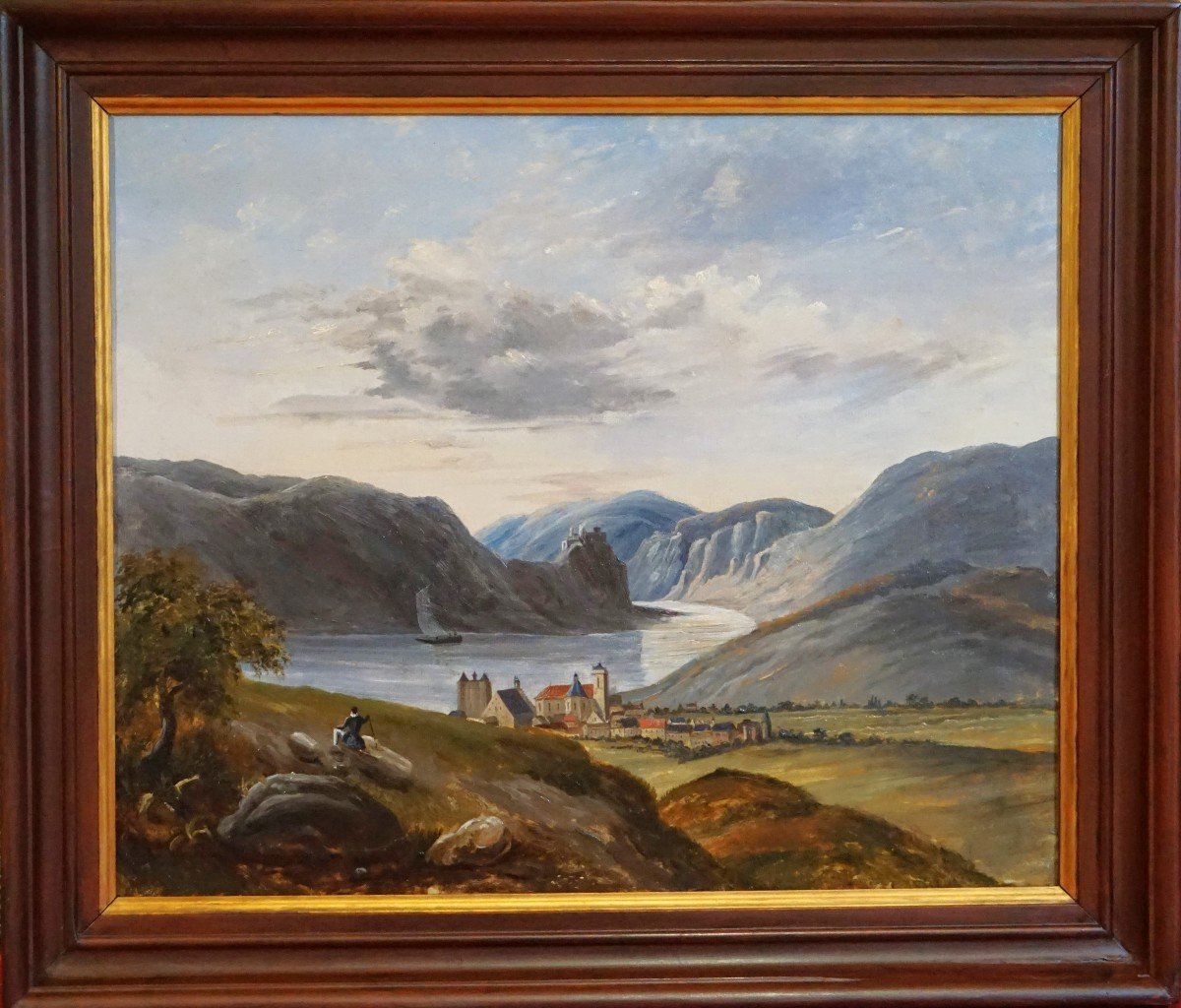 19th C. Swiss School / Village By The Lake / Oil On Canvas