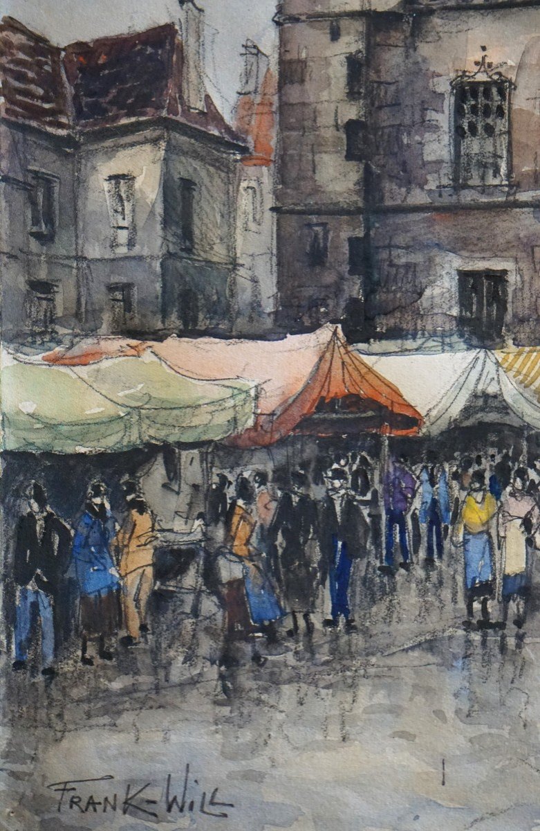 Frank Will (1900-1951) / Market In Dreux Circa 1920-1930 / Watercolor On Pencil Lines-photo-2