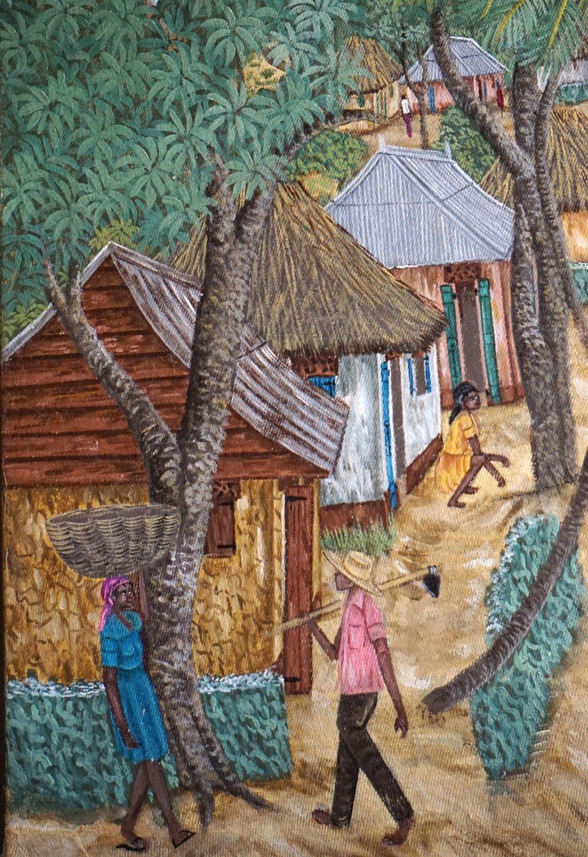 Haitian School / Emmanuel Pierrette / "le Village" / Oil On Canvas-photo-2