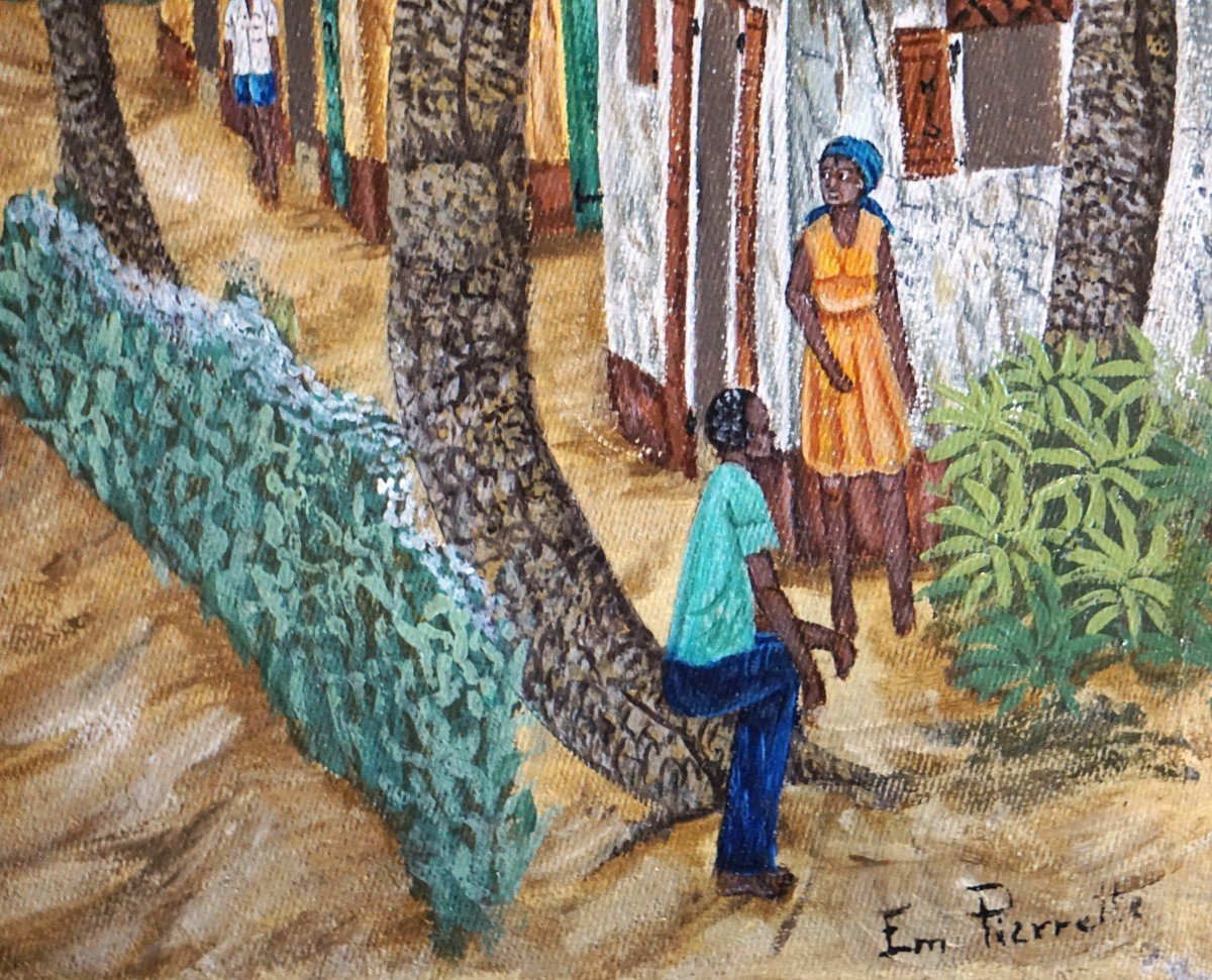 Haitian School / Emmanuel Pierrette / "le Village" / Oil On Canvas-photo-5