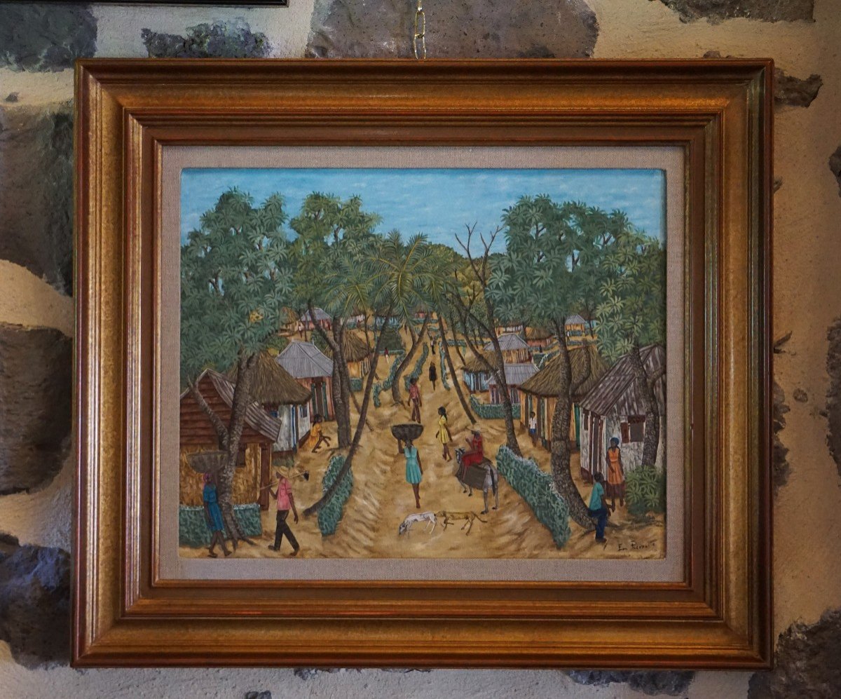 Haitian School / Emmanuel Pierrette / "le Village" / Oil On Canvas-photo-6