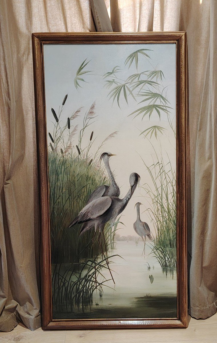  Ash Herons Among The Rushes / Late 19th Century / Oil On Canvas-photo-2