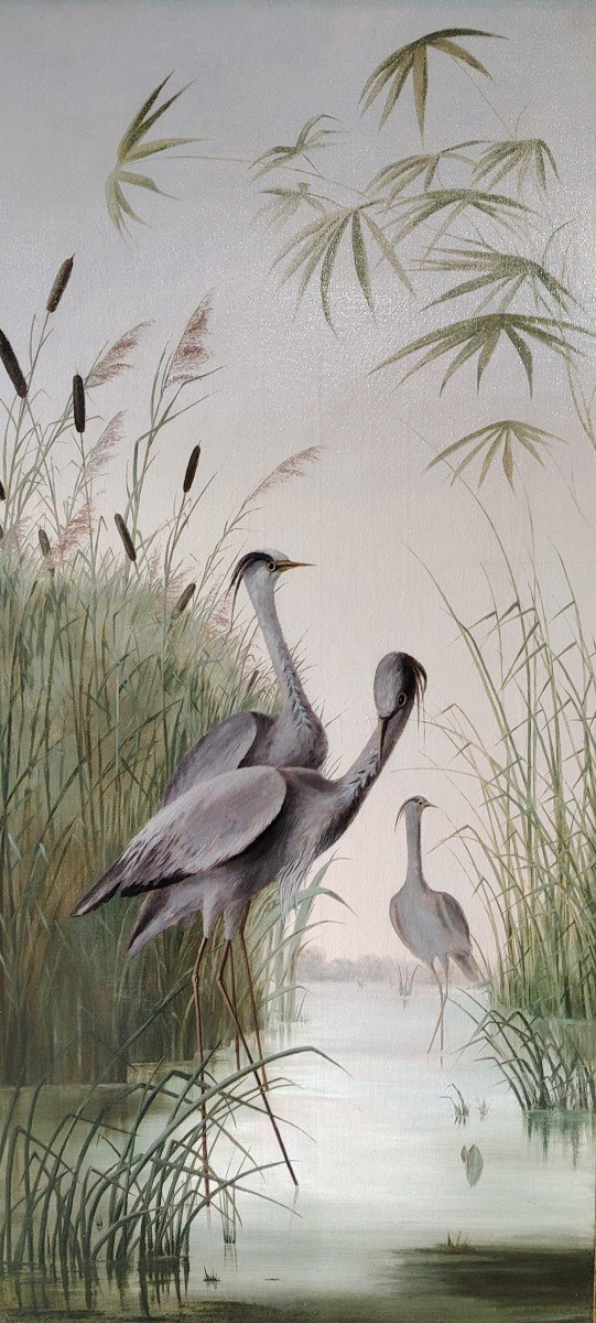  Ash Herons Among The Rushes / Late 19th Century / Oil On Canvas