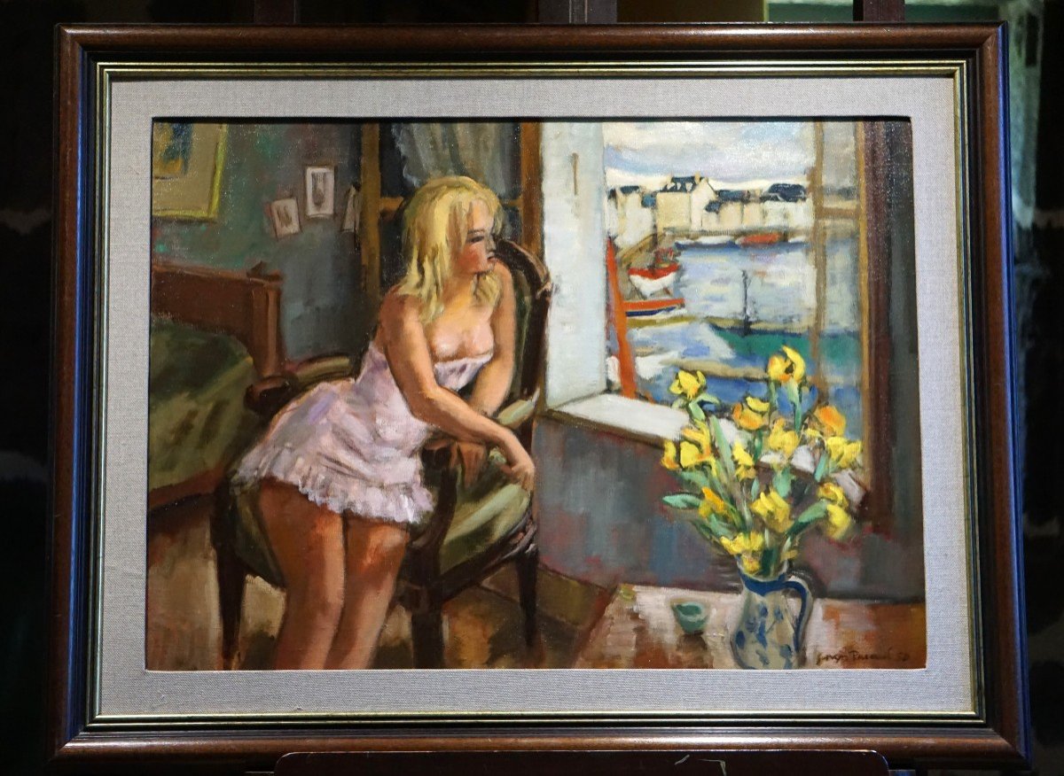 1950s / Georges Pacouil (1903-1996) / Woman At The Window With View Of The Port / Oil On T.-photo-3