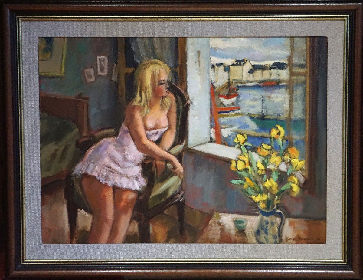 1950s / Georges Pacouil (1903-1996) / Woman At The Window With View Of The Port / Oil On T.-photo-2