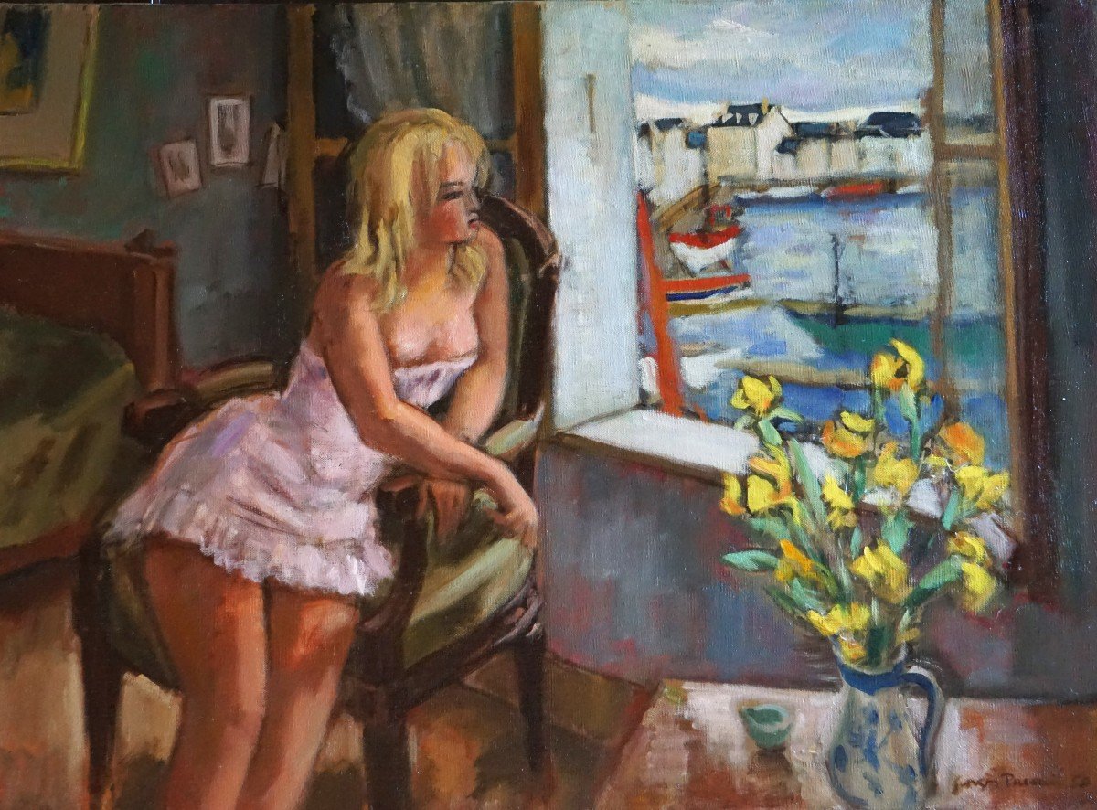 1950s / Georges Pacouil (1903-1996) / Woman At The Window With View Of The Port / Oil On T.