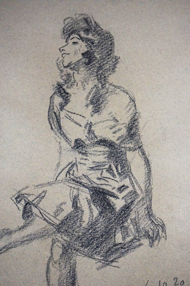 Jules Cheret (1836-1932) / Female Figure / Year 1920 / Charcoal Drawing-photo-4