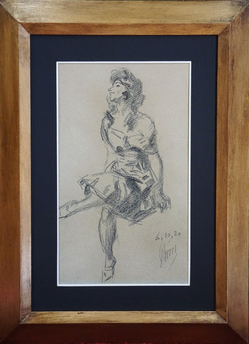 Jules Cheret (1836-1932) / Female Figure / Year 1920 / Charcoal Drawing-photo-2