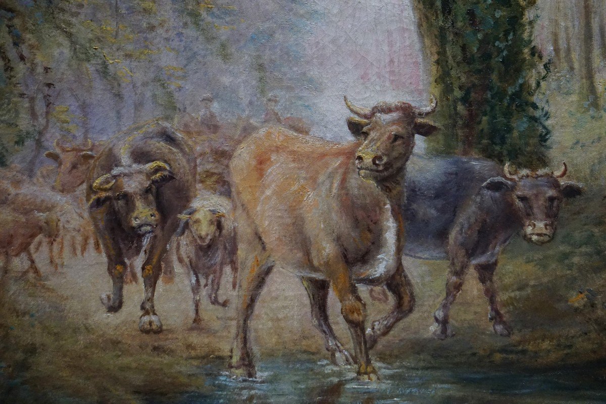 19th Century / Herds Of Cows In Undergrowth / Oil On Canvas-photo-2