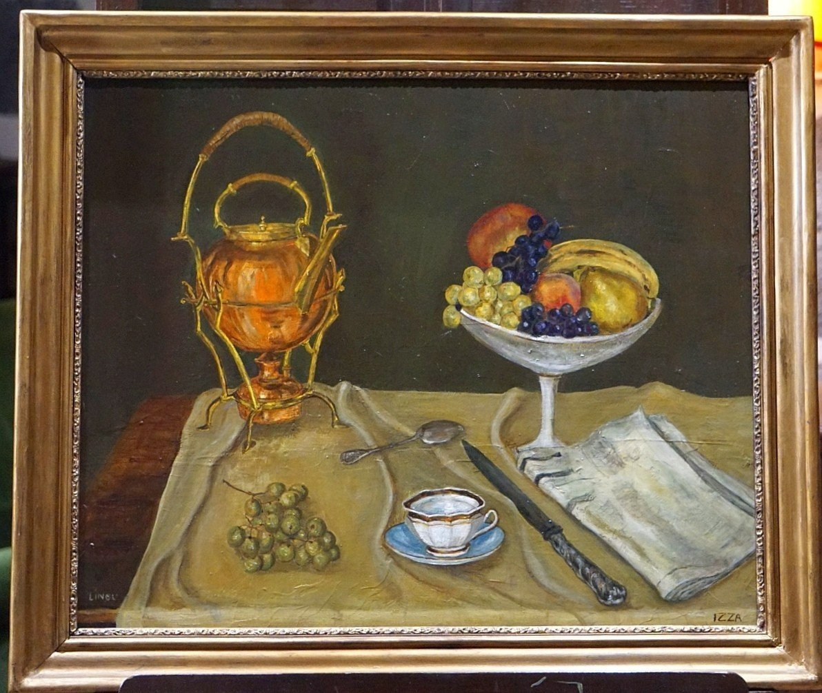 NATURE MORTE NAÏVE AVEC SAMOVAR ET FRUITS / IZZA BAUDOUIN LINOU / huile sur toile / datée 1964-photo-3