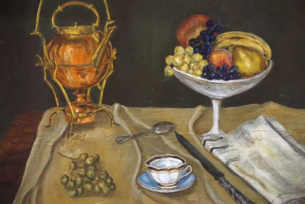 NATURE MORTE NAÏVE AVEC SAMOVAR ET FRUITS / IZZA BAUDOUIN LINOU / huile sur toile / datée 1964-photo-4