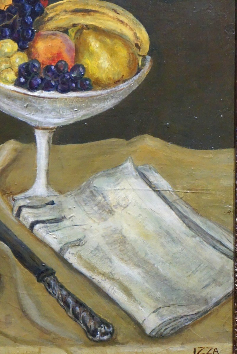 NATURE MORTE NAÏVE AVEC SAMOVAR ET FRUITS / IZZA BAUDOUIN LINOU / huile sur toile / datée 1964-photo-1