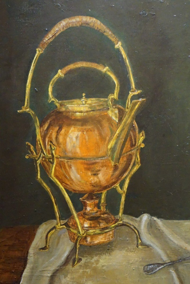 NATURE MORTE NAÏVE AVEC SAMOVAR ET FRUITS / IZZA BAUDOUIN LINOU / huile sur toile / datée 1964-photo-2