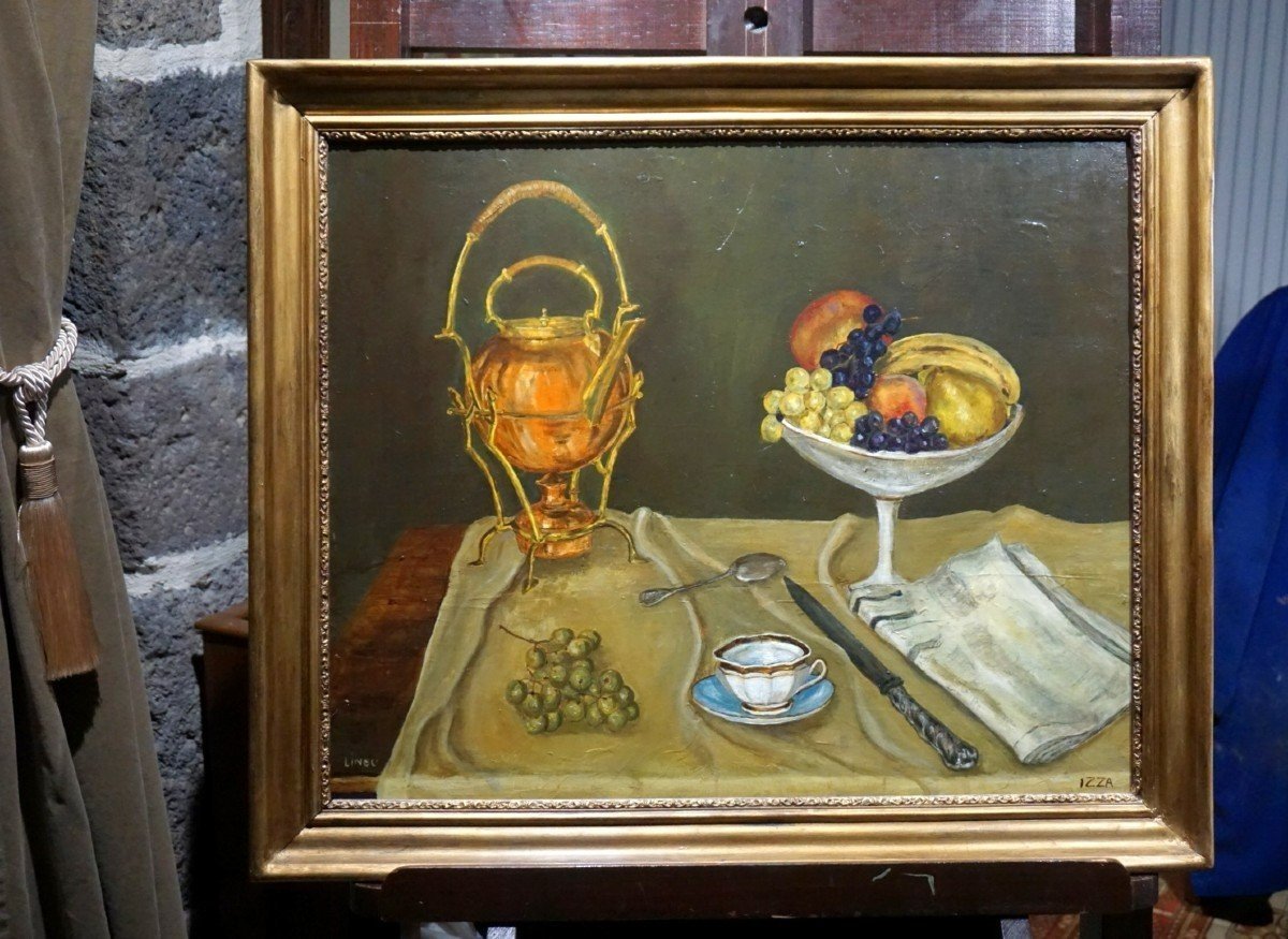 NATURE MORTE NAÏVE AVEC SAMOVAR ET FRUITS / IZZA BAUDOUIN LINOU / huile sur toile / datée 1964-photo-6