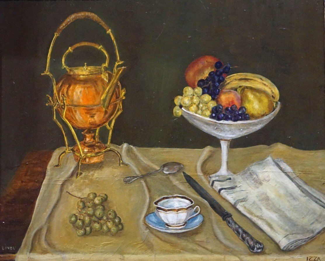 NATURE MORTE NAÏVE AVEC SAMOVAR ET FRUITS / IZZA BAUDOUIN LINOU / huile sur toile / datée 1964-photo-7