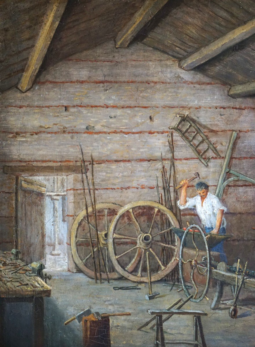 METIERS D'AUTREFOIS / DATÉE 1896 / ATELIER DE CHARRON / huile sur toile-photo-2