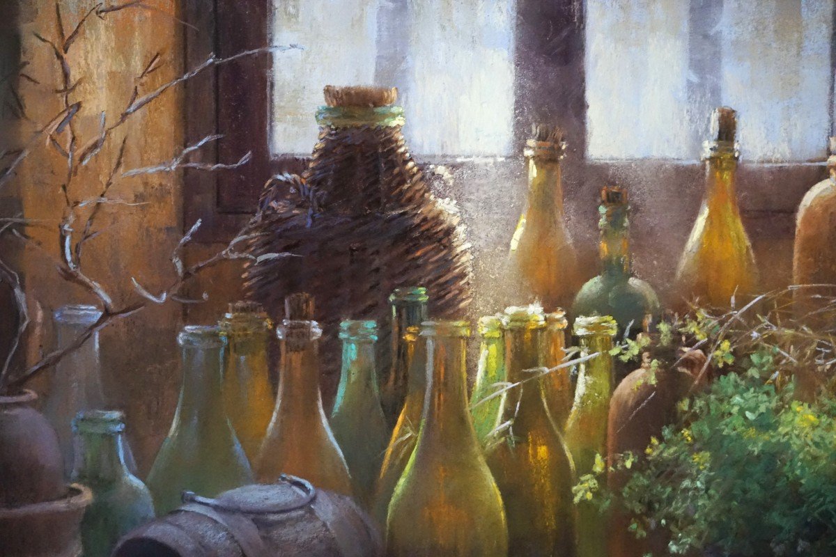 TRANSPARENCES OUBLIÉES: LA POÉSIE DU PASTEL  / NATURE MORTE AUX BOUTEILLES / CLAUDE TEXIER-photo-3