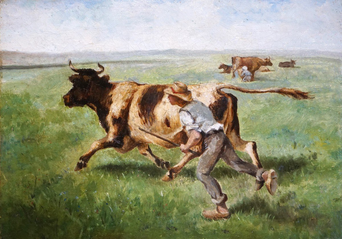 Rural Scene: The Shepherd And His Cow / 19th Century / Oil On Canvas-photo-2