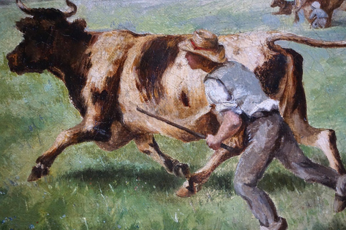 Rural Scene: The Shepherd And His Cow / 19th Century / Oil On Canvas-photo-3