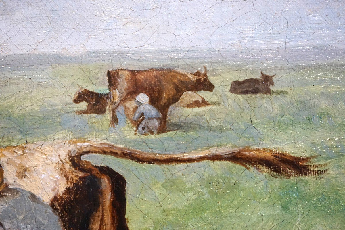 Rural Scene: The Shepherd And His Cow / 19th Century / Oil On Canvas-photo-4