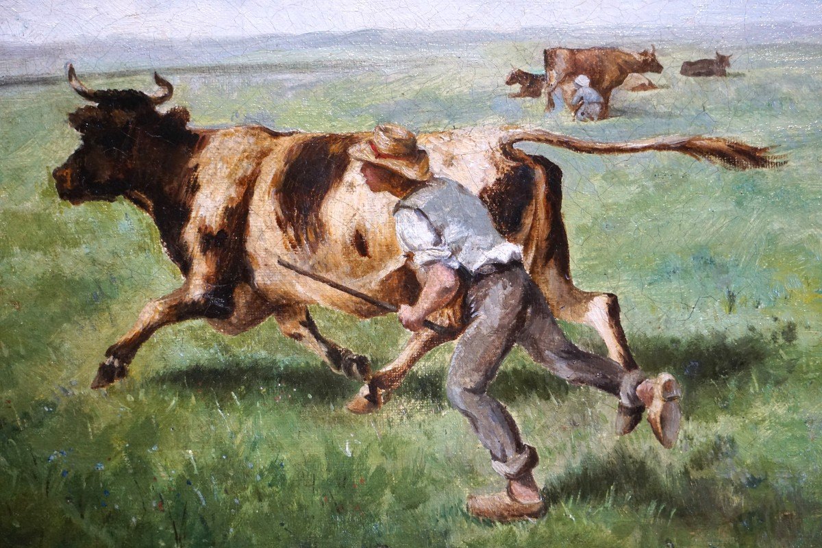 Rural Scene: The Shepherd And His Cow / 19th Century / Oil On Canvas-photo-1