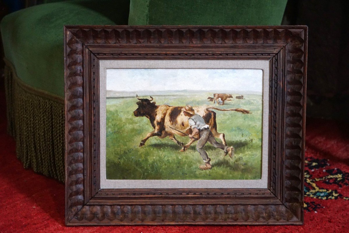 Rural Scene: The Shepherd And His Cow / 19th Century / Oil On Canvas-photo-2