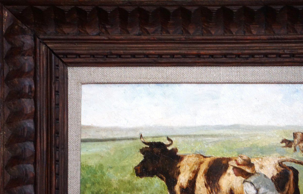 Rural Scene: The Shepherd And His Cow / 19th Century / Oil On Canvas-photo-3