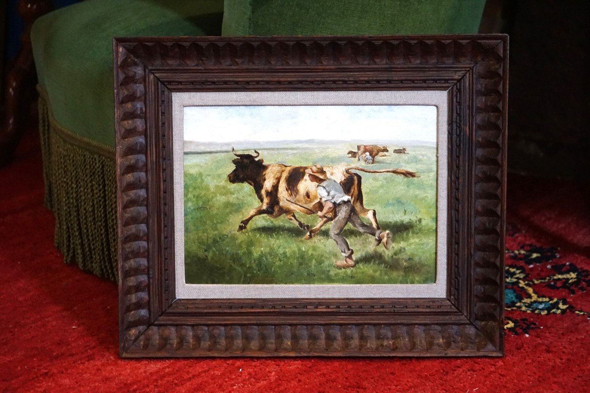 Rural Scene: The Shepherd And His Cow / 19th Century / Oil On Canvas-photo-5