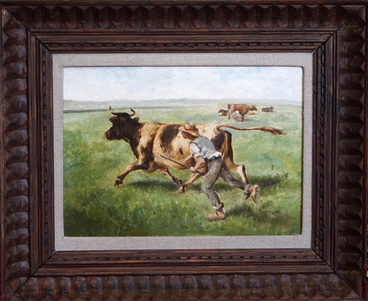 Rural Scene: The Shepherd And His Cow / 19th Century / Oil On Canvas