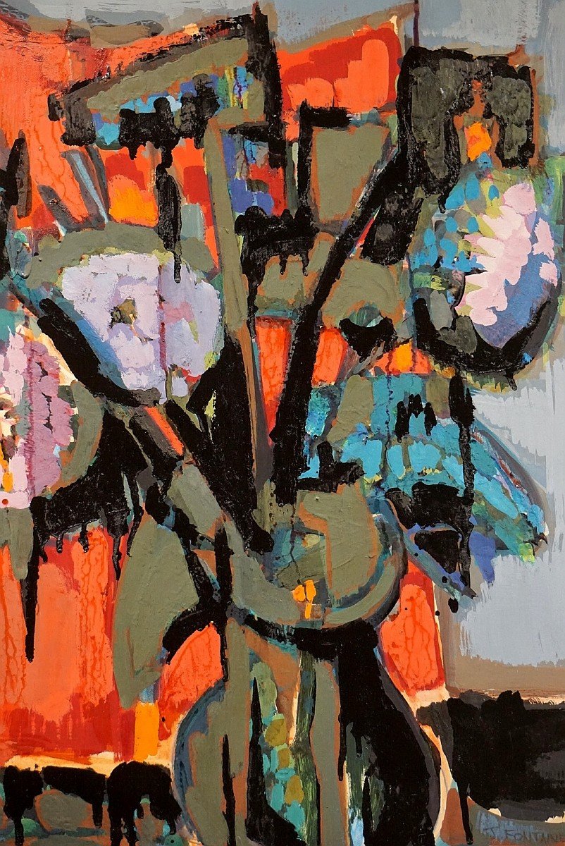 Abstract Flowers / Jacqueline Fontaine (1926) / Oil And Gouache On Paper-photo-2