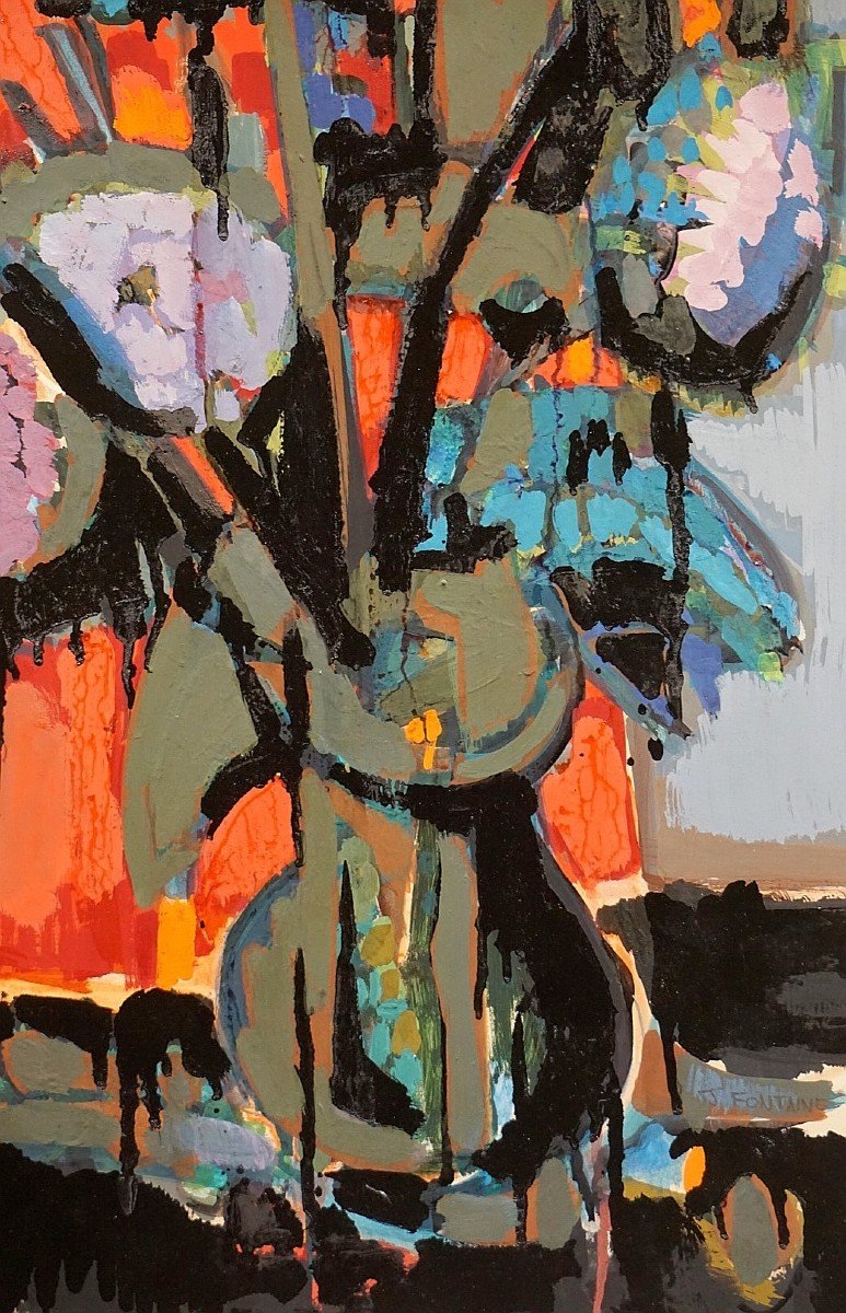 Abstract Flowers / Jacqueline Fontaine (1926) / Oil And Gouache On Paper-photo-3