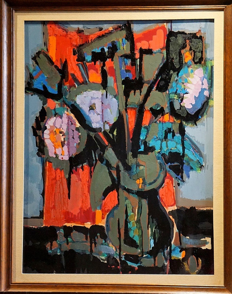 Abstract Flowers / Jacqueline Fontaine (1926) / Oil And Gouache On Paper-photo-1