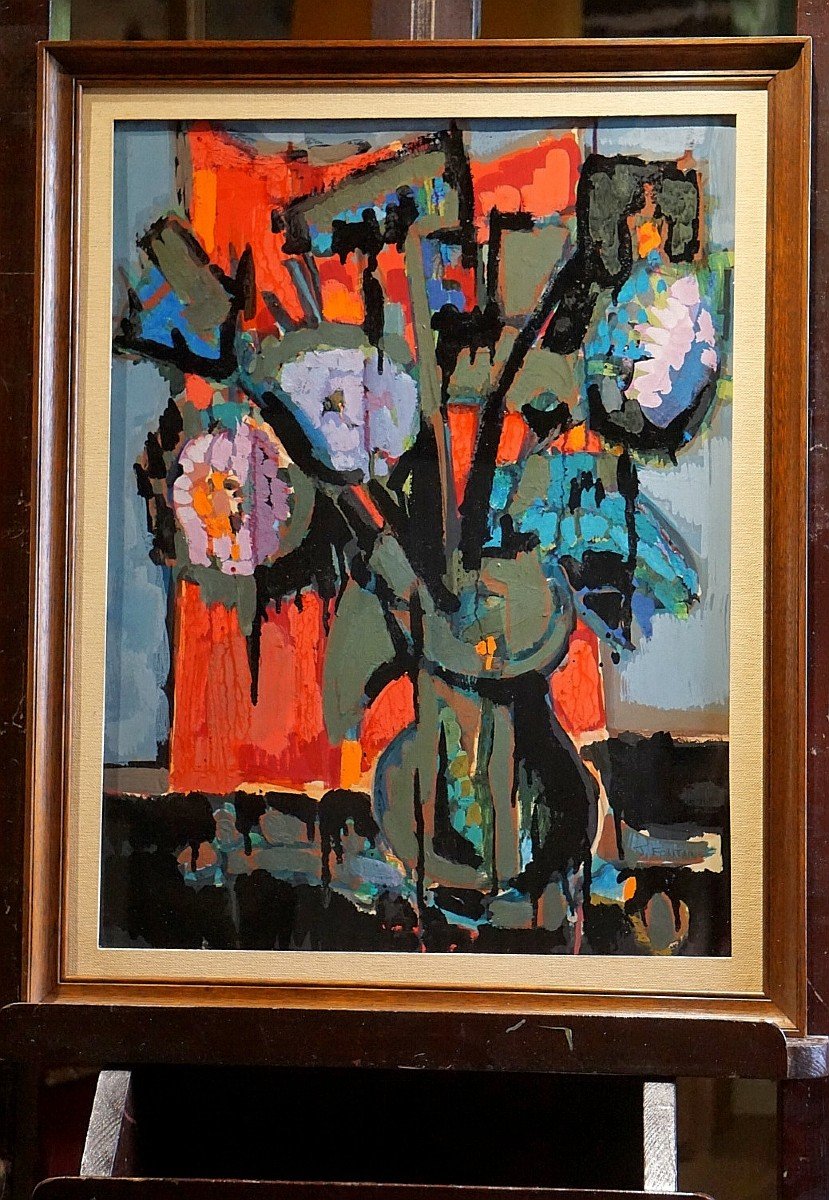 FLEURS ABSTRAITES / JACQUELINE FONTAINE (1926) / huile et gouache sur papier-photo-2