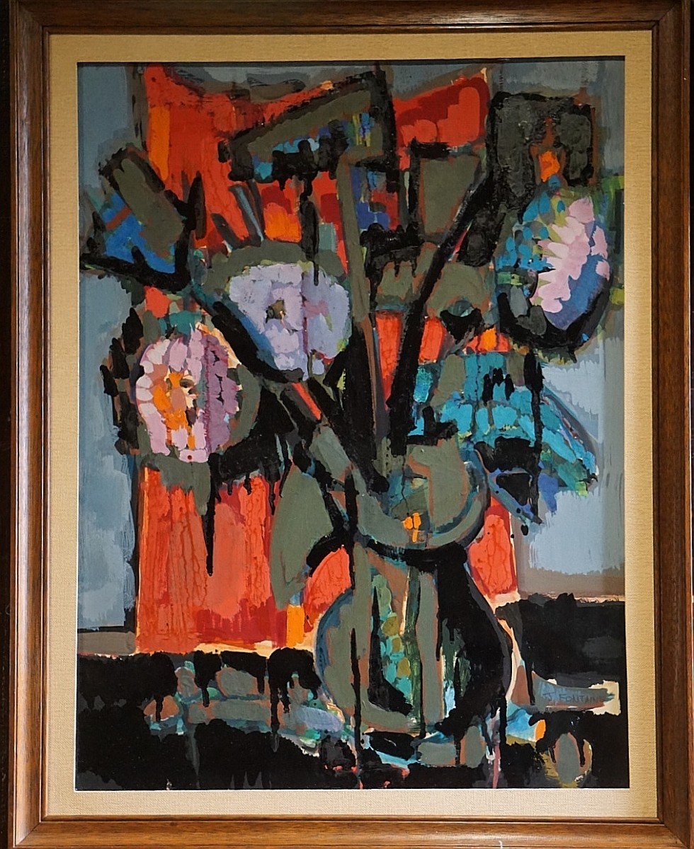 Abstract Flowers / Jacqueline Fontaine (1926) / Oil And Gouache On Paper-photo-4